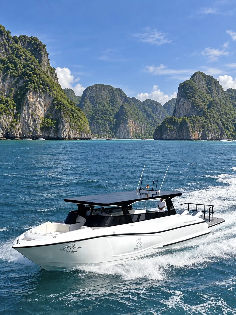 Sir William, Speedboat underway near limestone islands